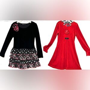 Black Velvet Polka Dot Ruffle Skirt Dress & Red Velvet Floral Appliqué Dress (2)